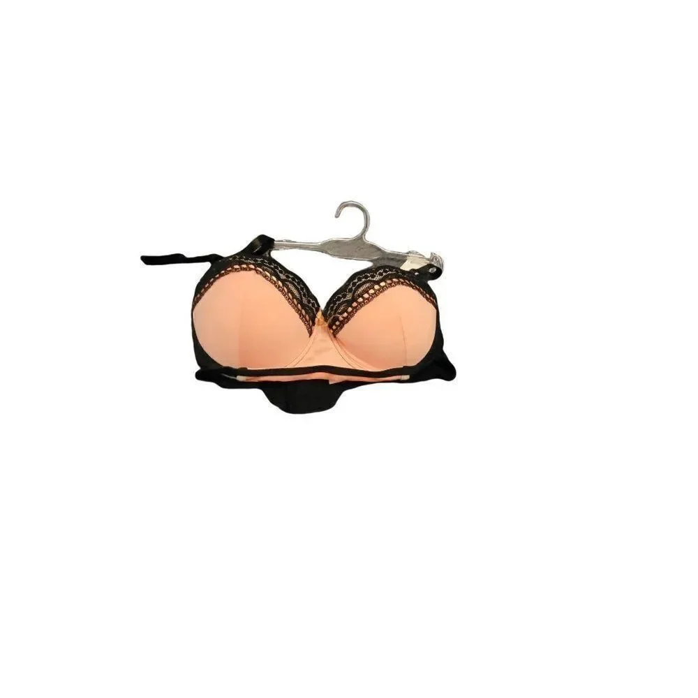Hers By Herman Womens Peach Black Lace Normal Strap Padded Demi Bra Size 36B